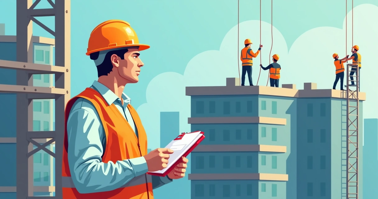 Engenheiro no local de uma obra, analisando riscos em altura 