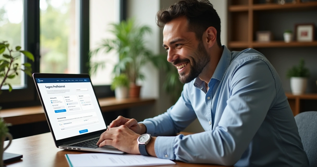 Profissional feliz usando notebook para contratar seguro online