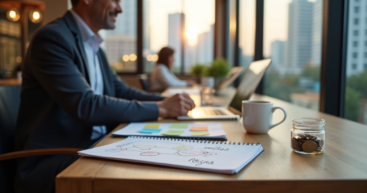 Profissional sênior brasileiro revendo planos financeiros em mesa de coworking 