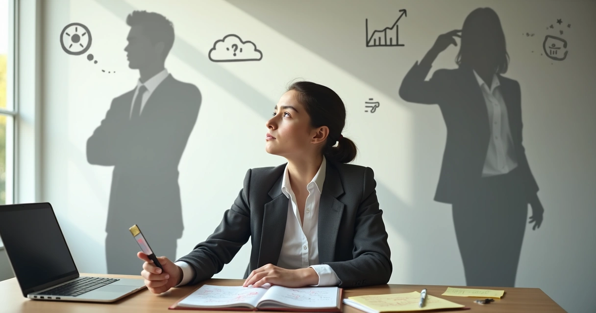 Profissional sentado à mesa de trabalho com crachá na mão e expressão de dúvida olhando para dois perfis projetados na parede 