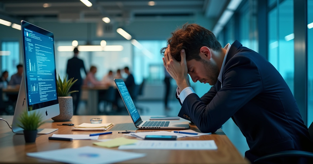Profissional sentado à mesa de trabalho com expressão de esgotamento em escritório moderno 