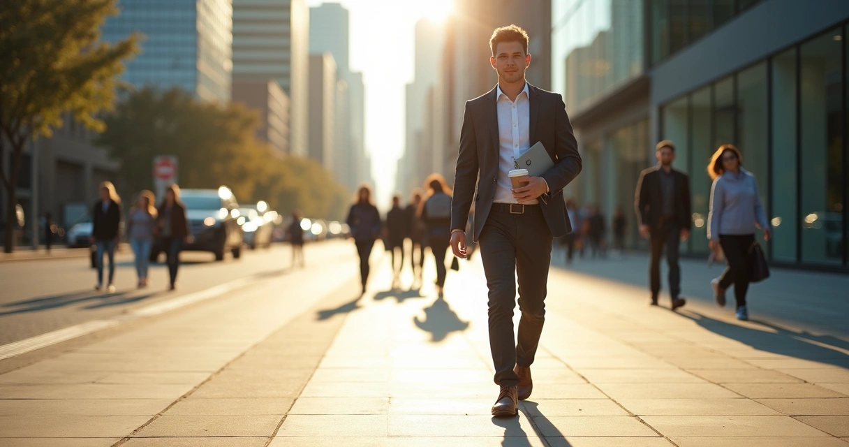 Profissional arrumado em cidade movimentada com sombra distorcida ao fundo 