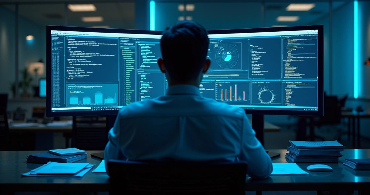 Profissional consulta dados em múltiplos monitores com interface de SQL, gráficos e tabelas, em ambiente de escritório. 