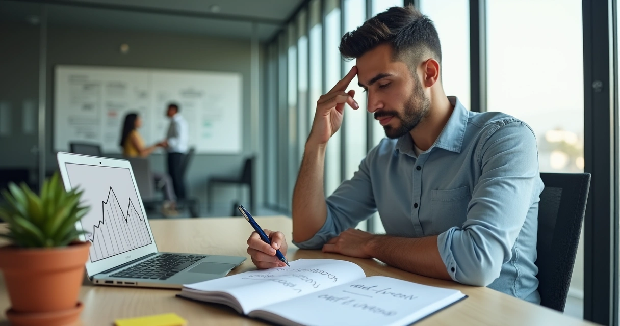 Profissional refletindo sobre crenças limitantes em ambiente de trabalho moderno 