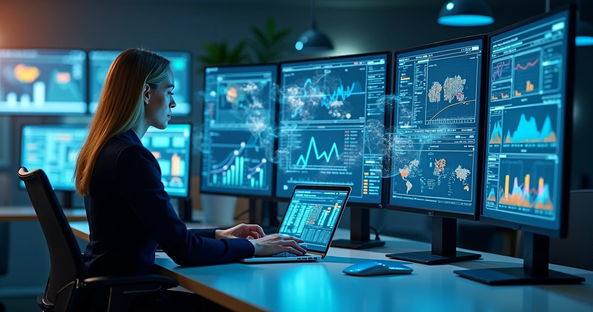 Profissional de tax trabalhando com diversas telas digitais de análise de dados e inteligência artificial 