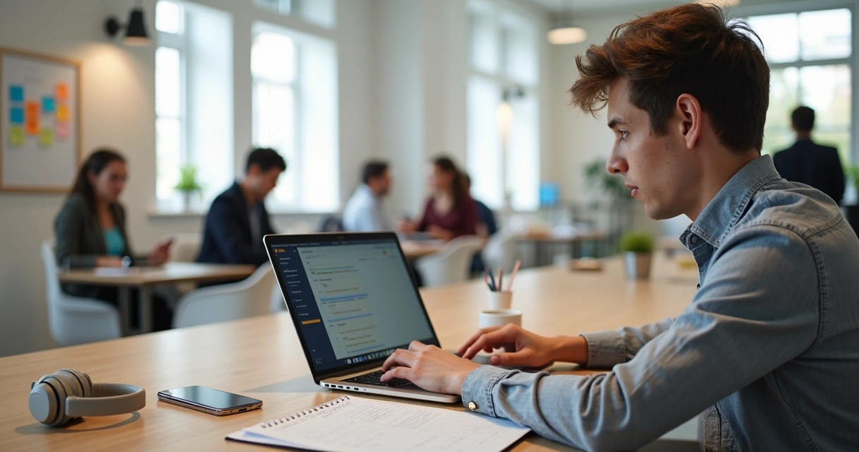 Profissional organizando tarefas na mesa de trabalho com cronômetro e post-its coloridos 