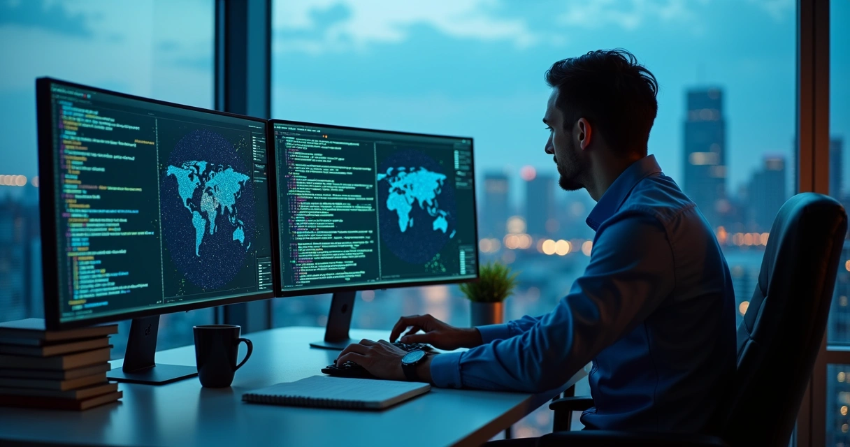 Profissional de tecnologia analisando dados de inteligência artificial em múltiplas telas digitais 