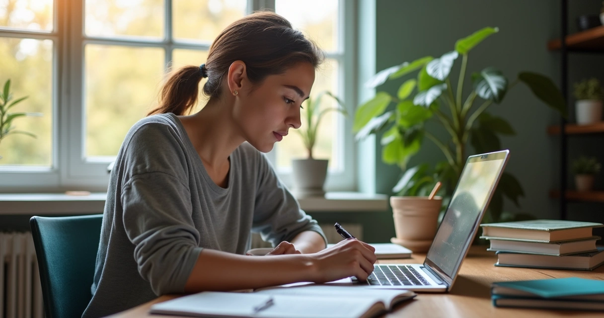 Pessoa estudando tecnologia com laptop e caderno em casa