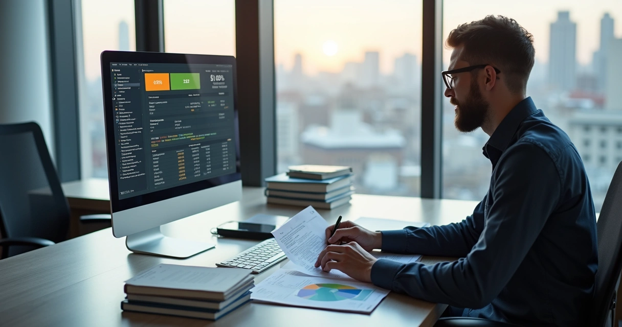 Profissional de tecnologia analisando gráficos e notas fiscais 