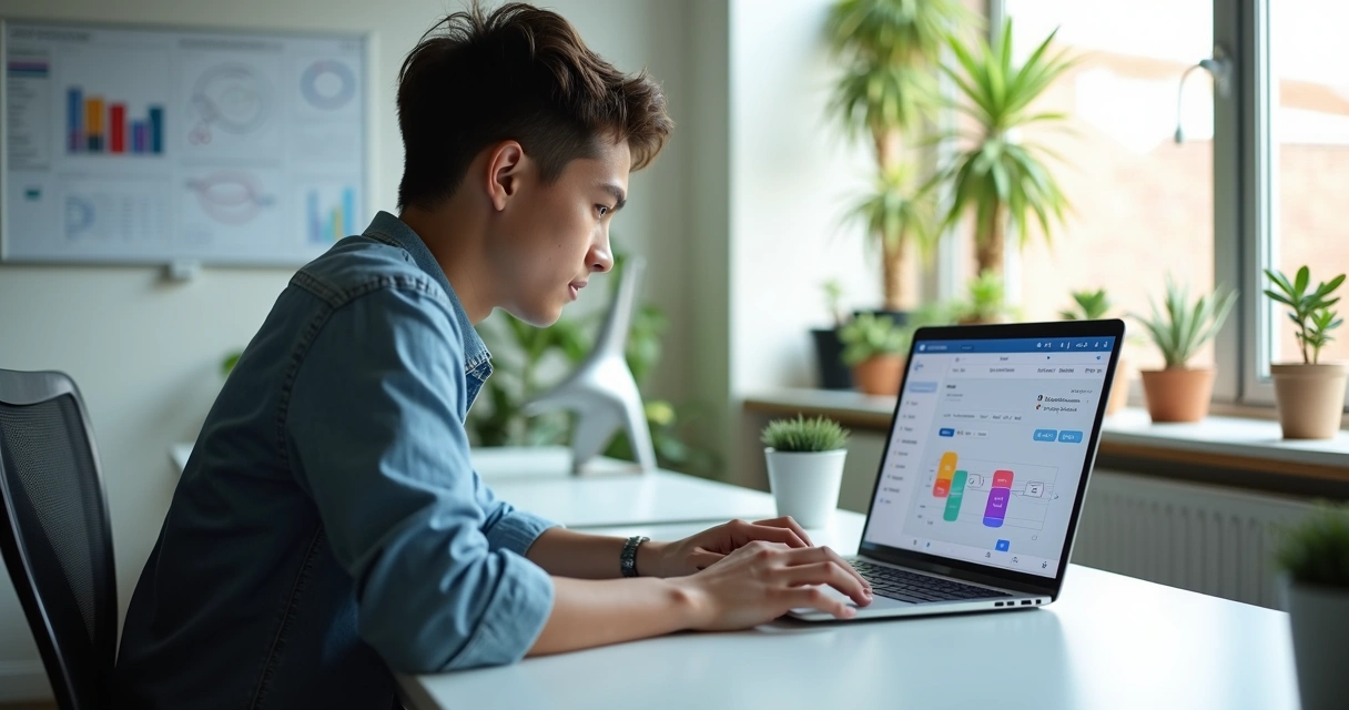 Profissional jovem trabalhando em laptop com interface de desenvolvimento no-code visível na tela 