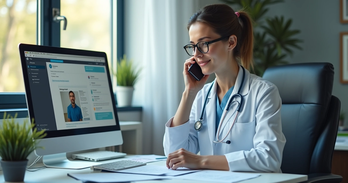 Profissional da saúde tirando dúvidas fiscais ao telefone 