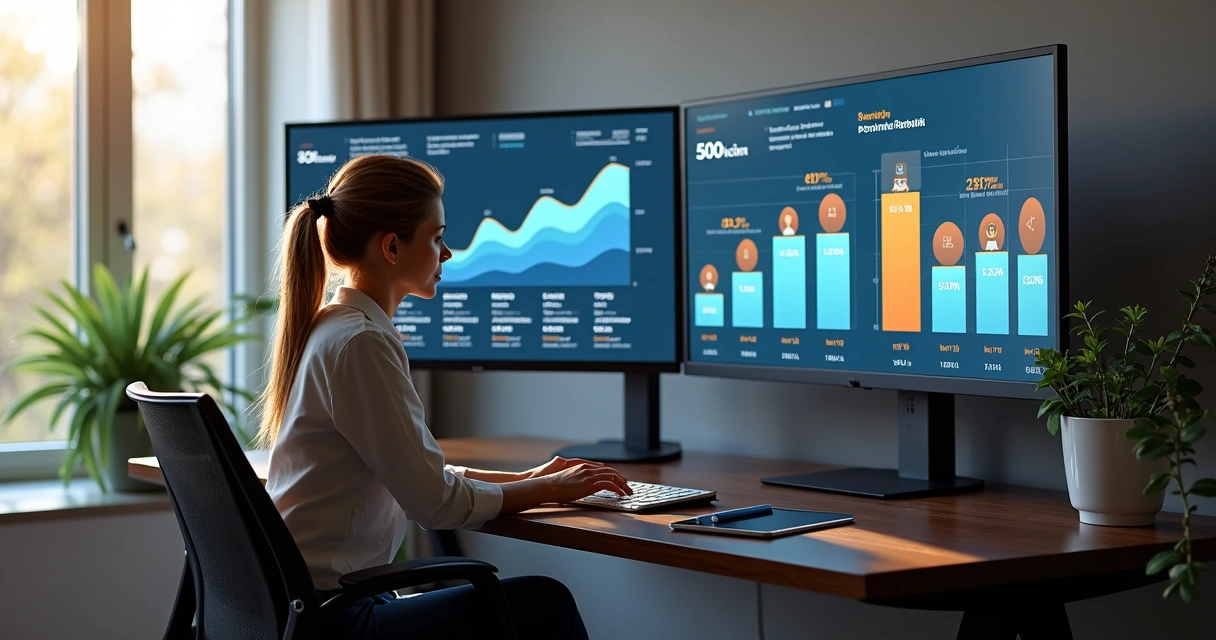 Profissional em escritório analisando tendências digitais em dois monitores com gráficos 