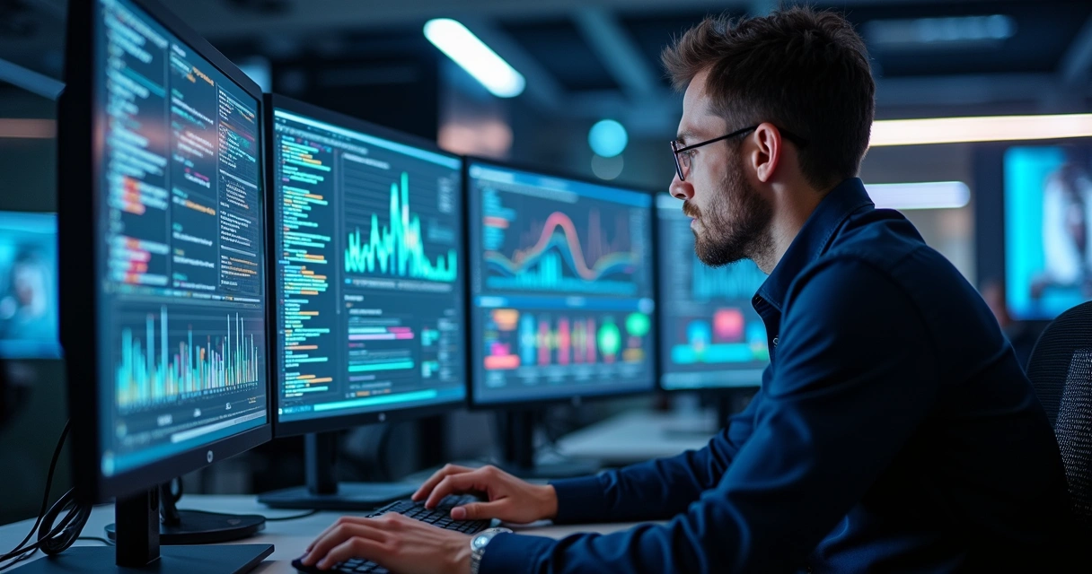 Profissional de TI analisando códigos em múltiplos monitores com gráficos e dados na tela, ambiente moderno e iluminado 