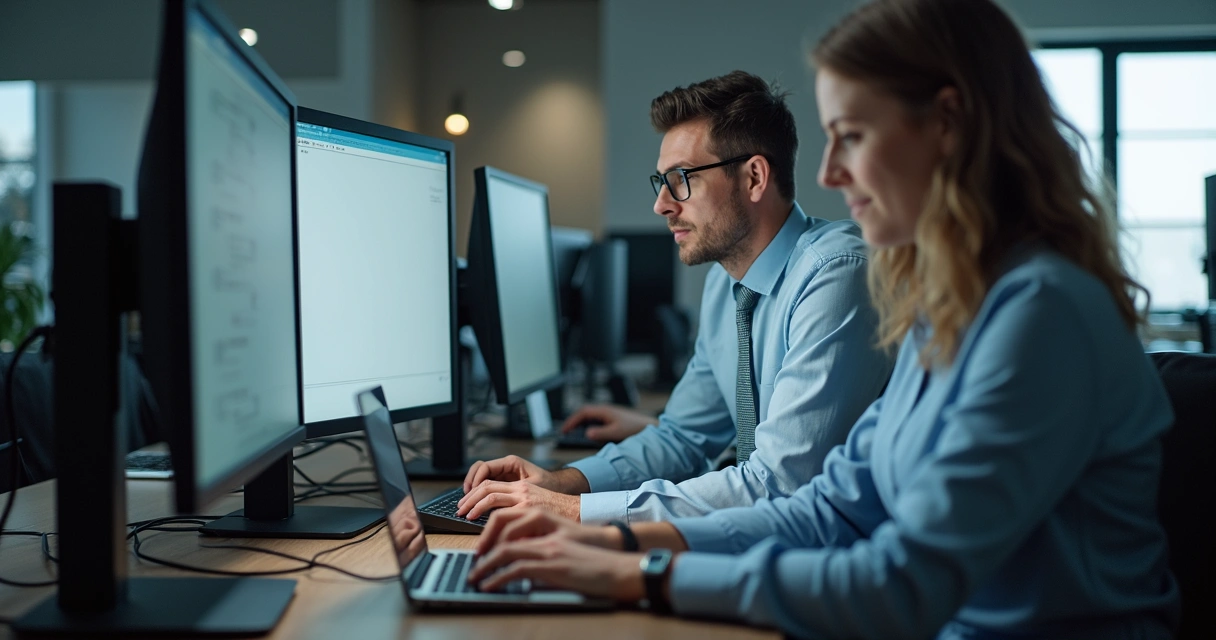 Profissional de TI atendendo usuário em ambiente corporativo 