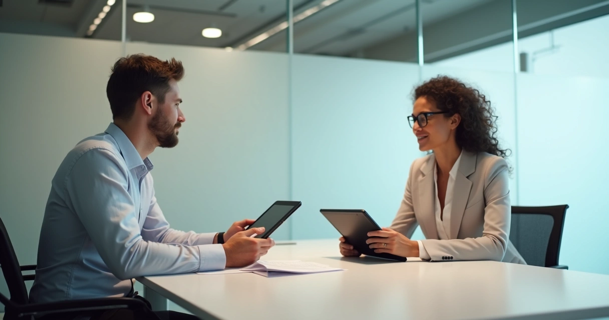 Profissional de TI sendo entrevistado por headhunter em sala de reunião clean 