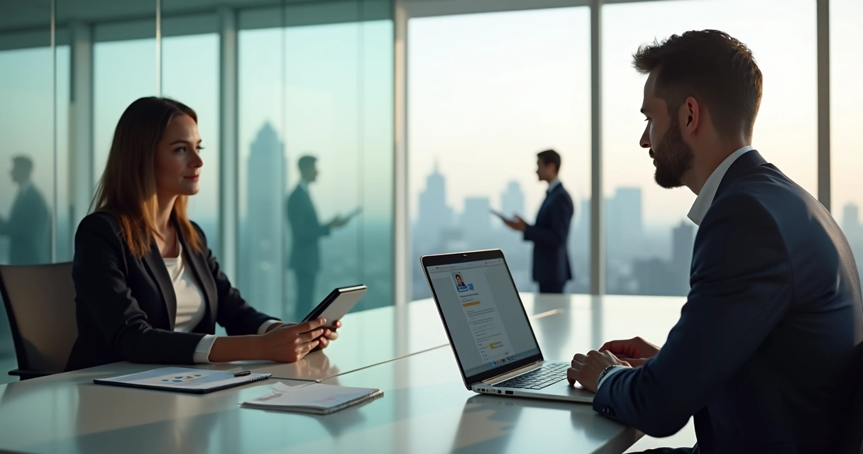 Profissional de TI em reunião com headhunter em escritório moderno 