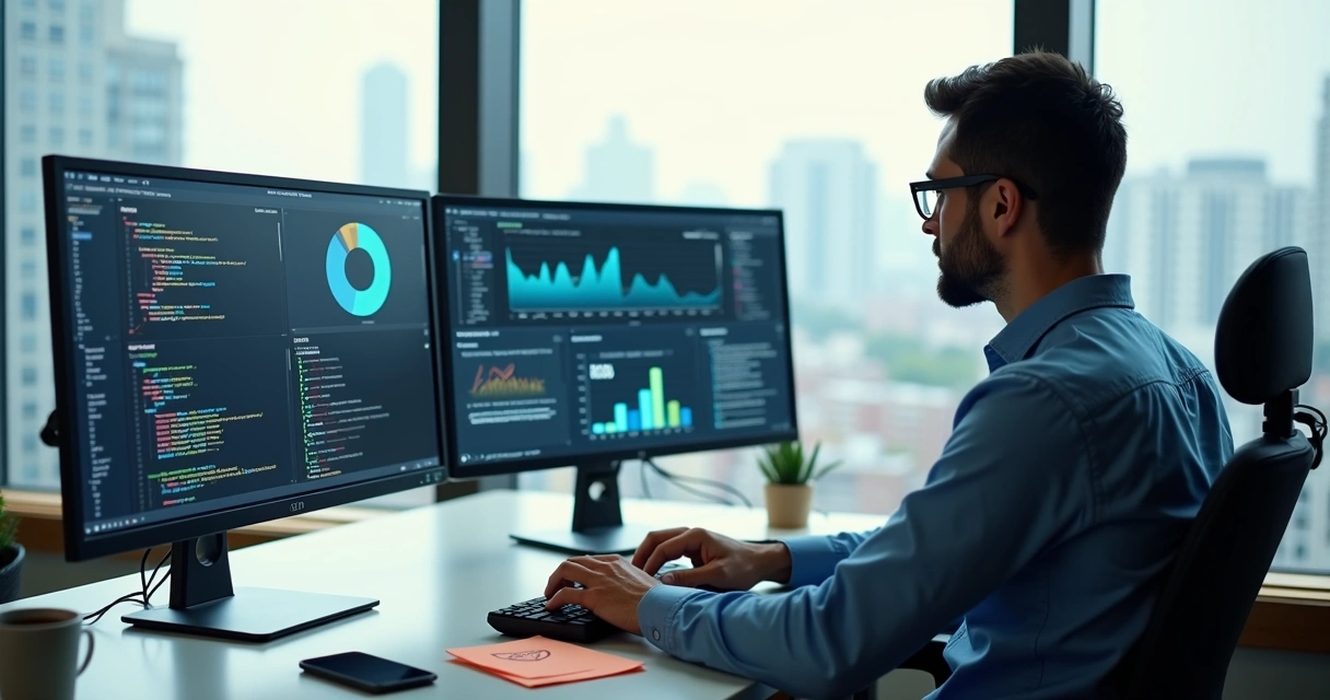 Profissional de TI analisando dados em três monitores em ambiente moderno de escritório 