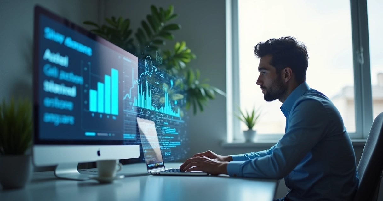 Profissional digitando em notebook com gráficos digitais ao fundo 