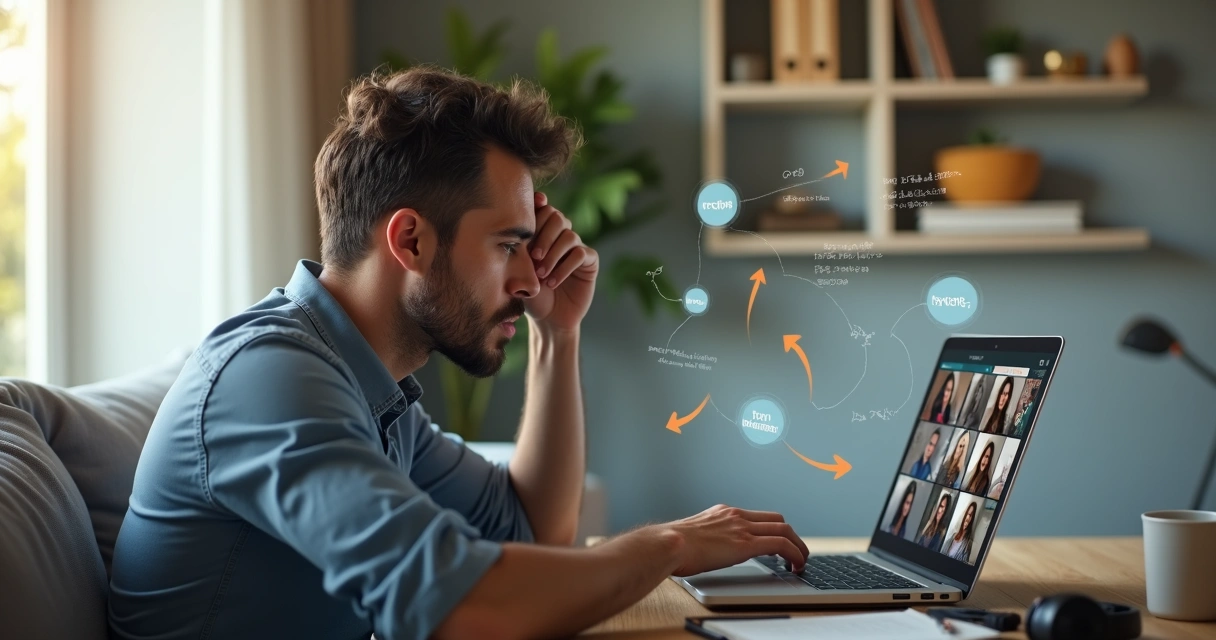 Profissional em trabalho remoto percebendo padrões emocionais repetitivos na frente do computador 