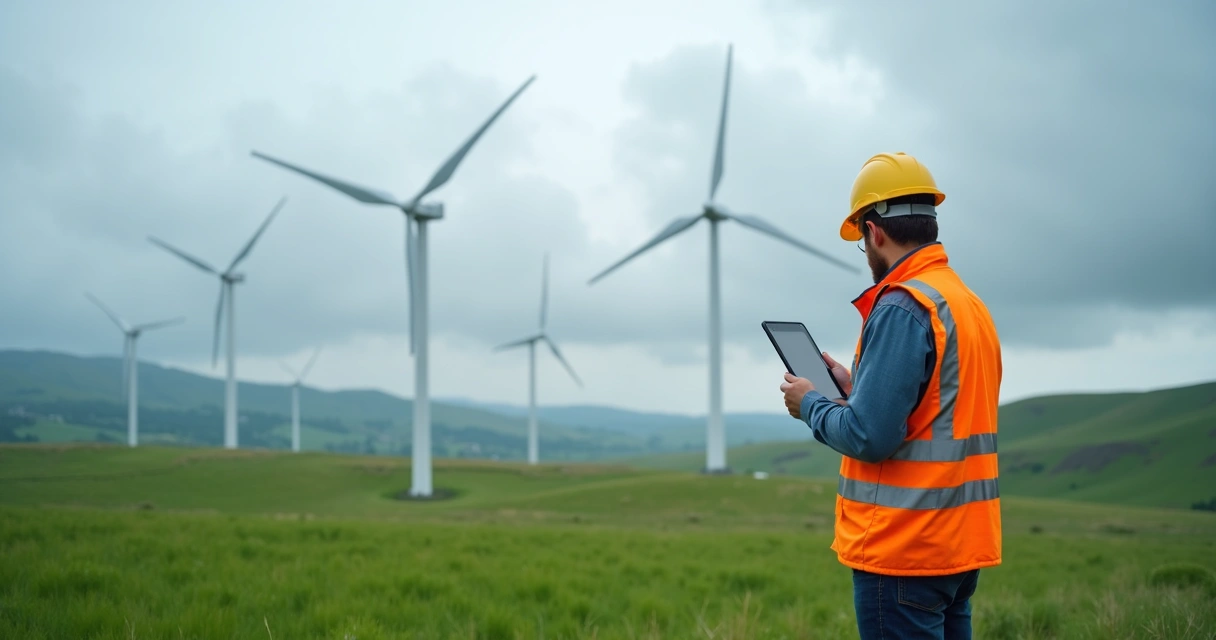 Engenheiro em campo de energia eólica com tablet 