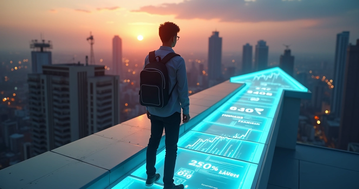 Profissional brasileiro caminhando em ponte luminosa representando transição de carreira para o mercado financeiro 