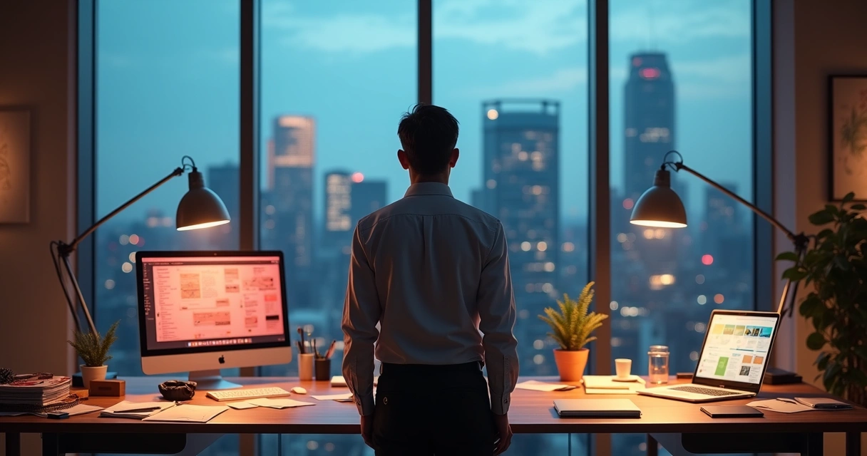Profissional em frente a duas mesas simbolizando modos reativo e criativo no trabalho 