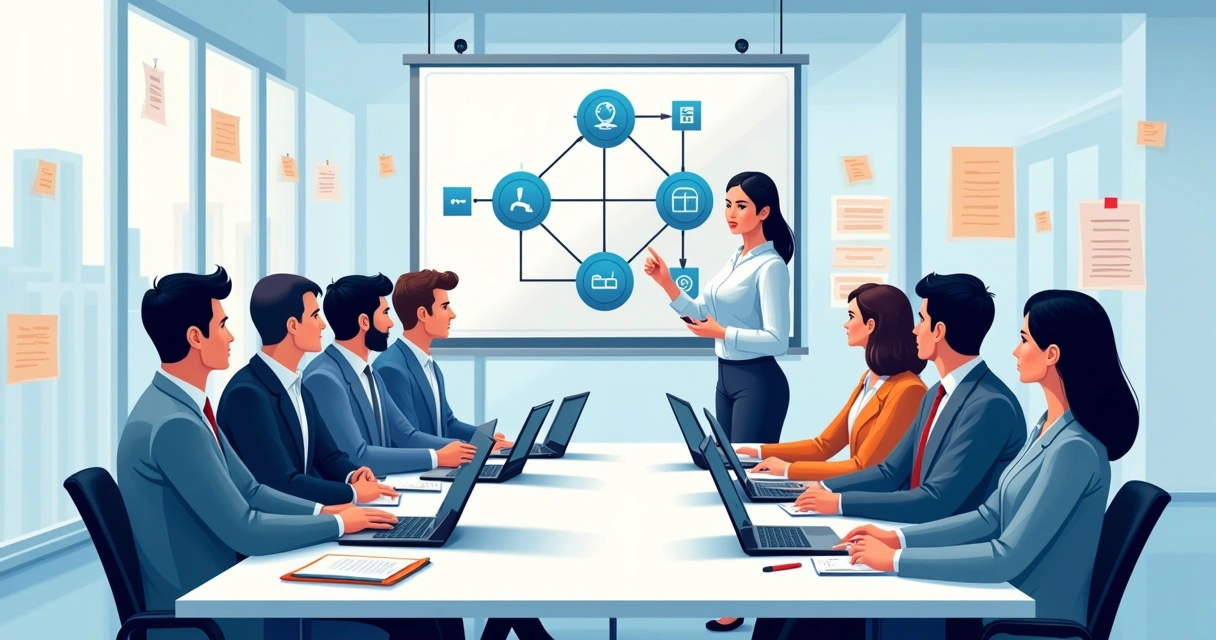 Equipe reunida em treinamento olhando para uma apresentação de integração. 