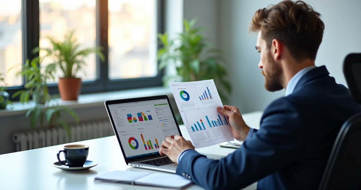 Profissional trocando planilha por software financeiro em laptop com gráficos digitais visíveis na tela 