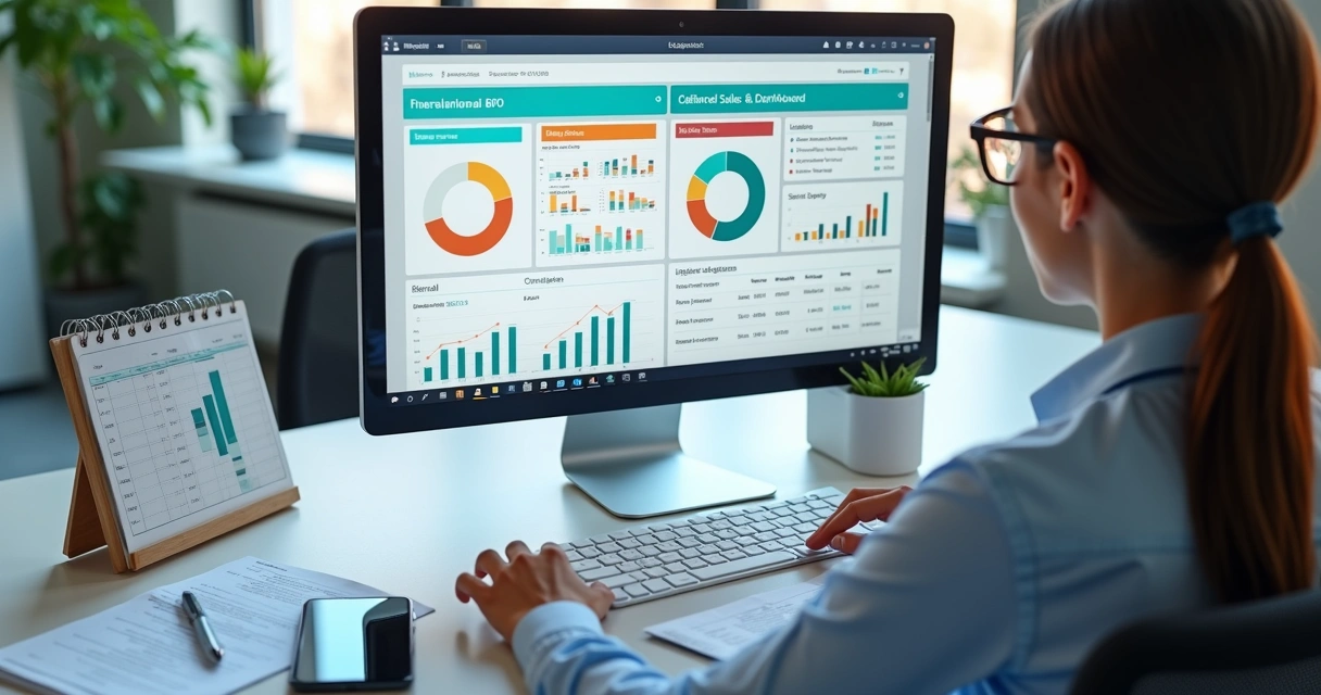 Profissional usando CRM em computador com gráficos de vendas e painel financeiro na tela 