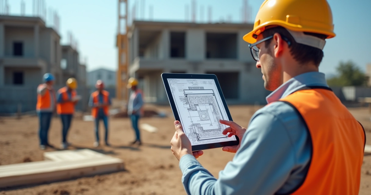 Profissional consultando projeto em tablet em canteiro de obras 