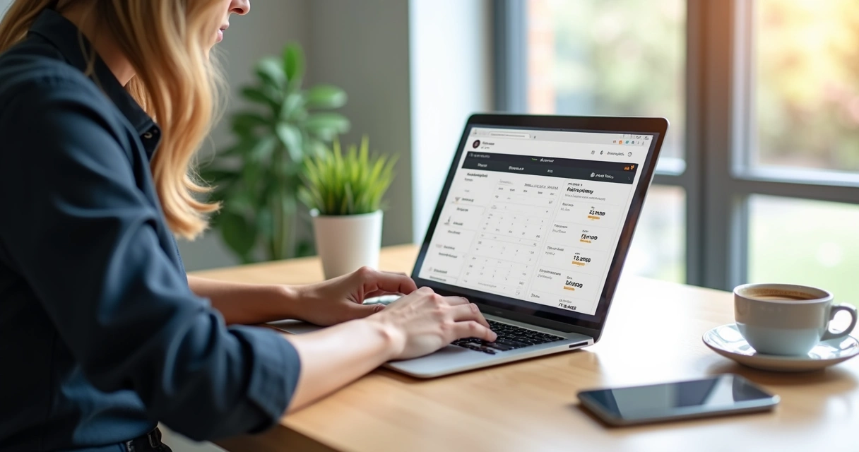 Profissional de bem-estar usando plataforma digital em notebook com interface moderna e agenda organizada na tela 