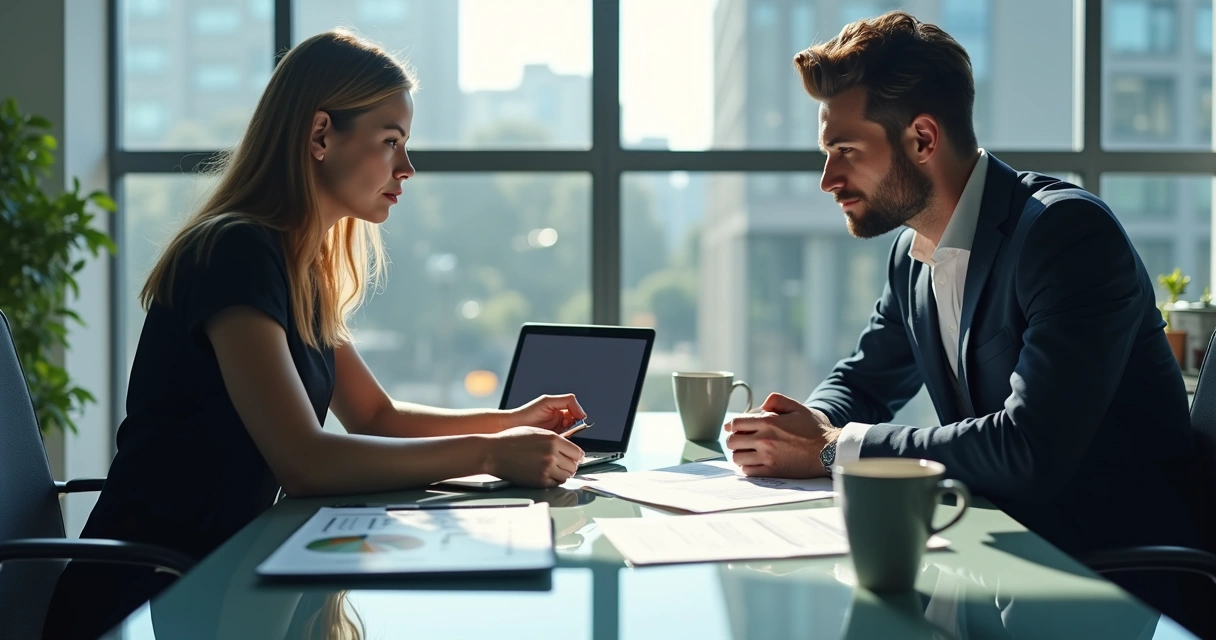 Profissional de vendas consultivas em reunião, mesa com tecnologia e anotações 