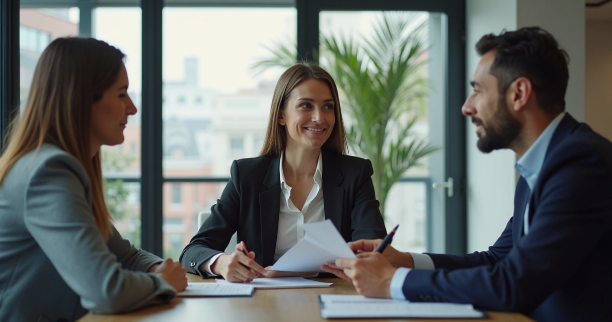 Profissional de vendas em ambiente corporativo, negociando com cliente em sala moderna 