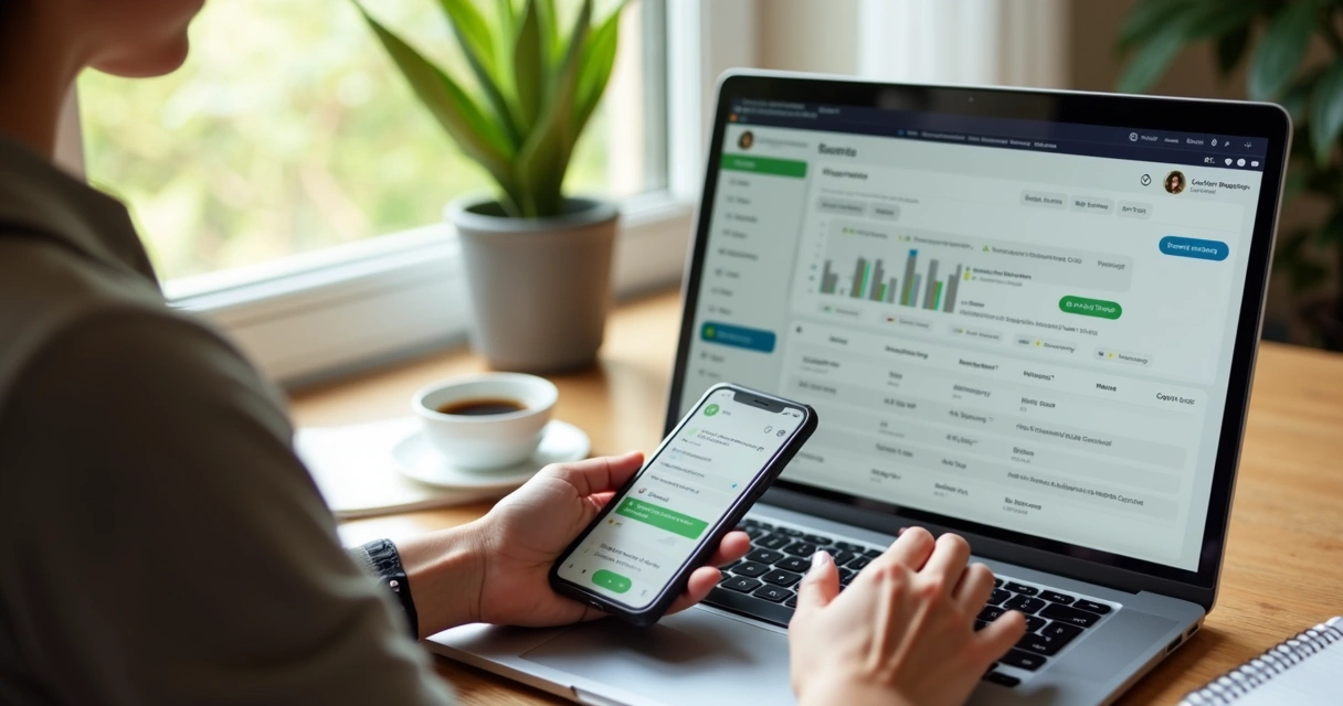 Mulher em home office com laptop e celular, tela com CRM aberto 