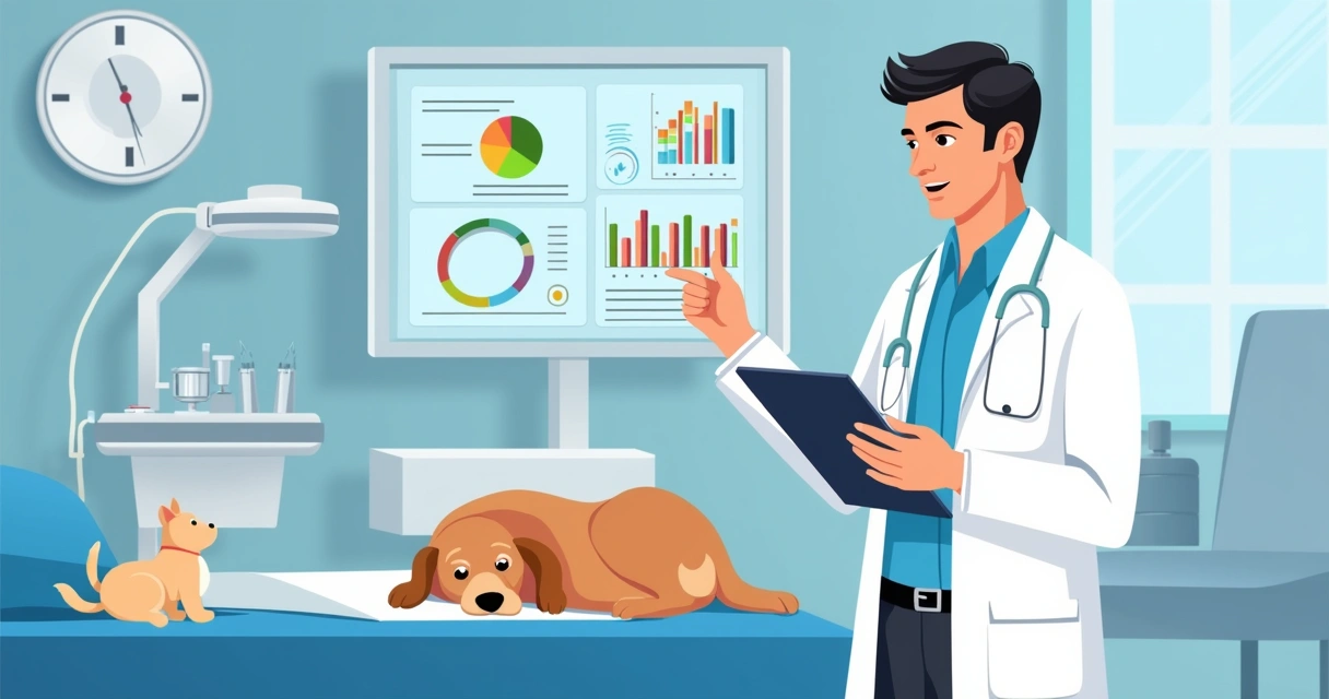 Veterinário anotando ficha digital em tablet com gráficos na tela 