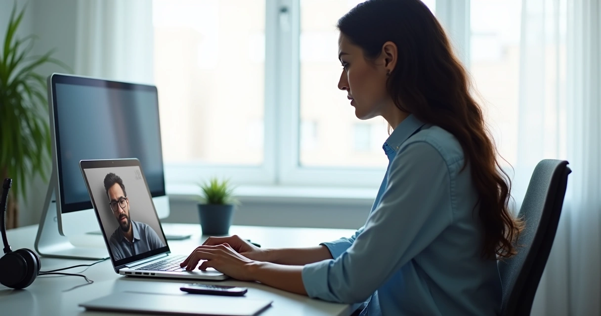 Profissional em videoconferência usando notebook em escritório