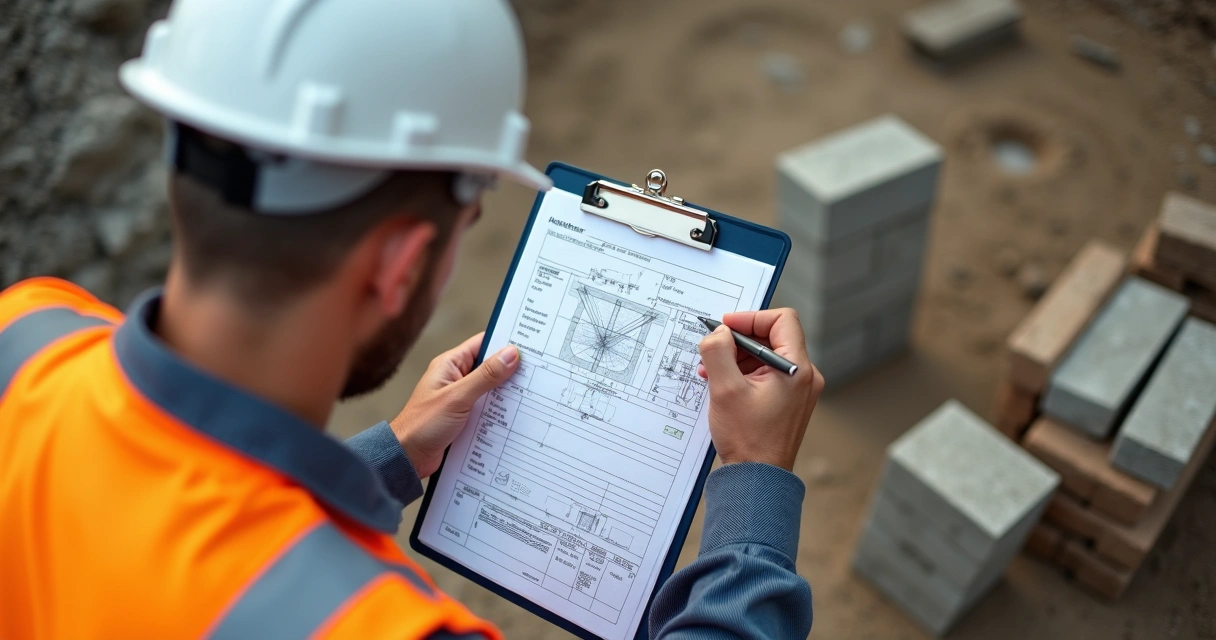 Engenheiro civil preenchendo laudo técnico numa prancheta em obra. 