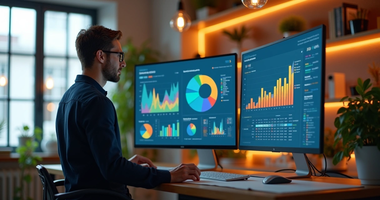 Profissional analisando dados digitais em múltiplas telas