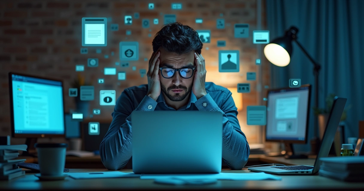 Pessoa sobrecarregada tentando responder vários dispositivos digitais 