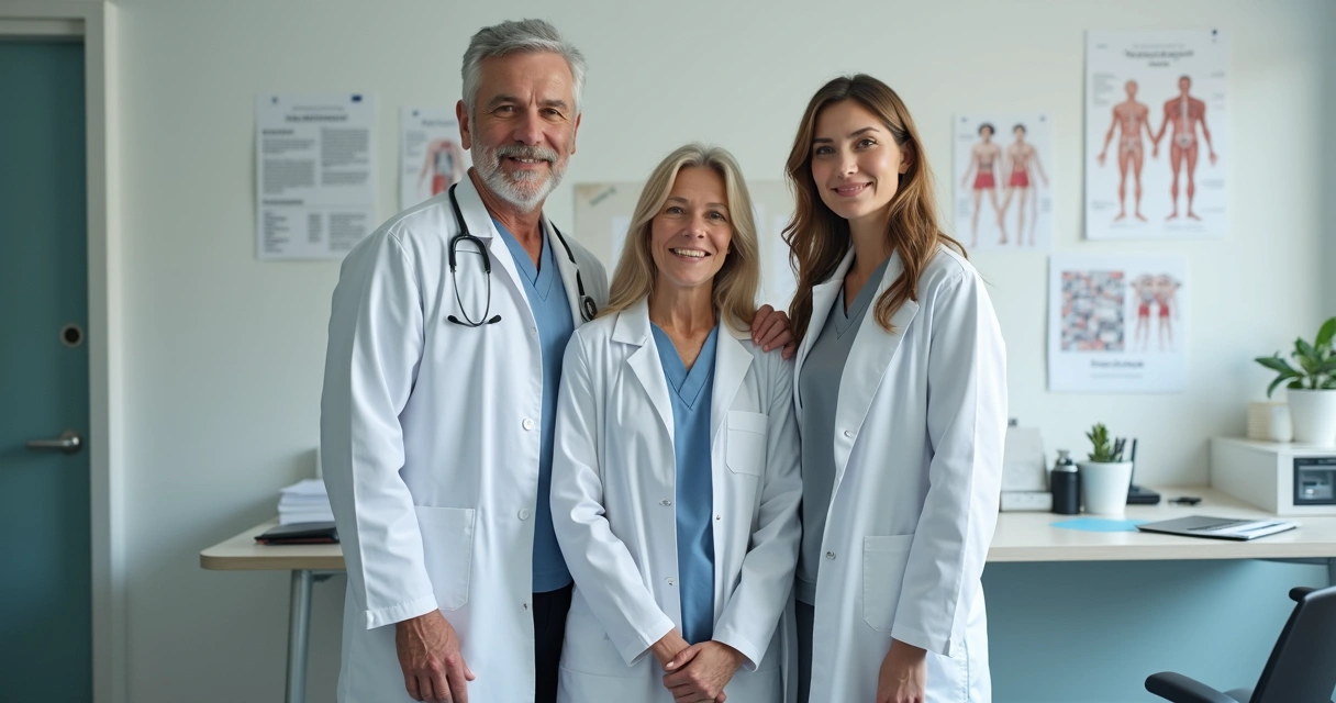 Três gerações usando jalecos, em consultório médico