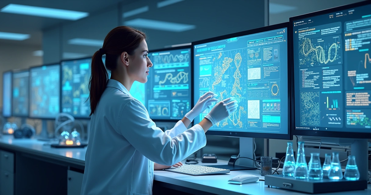 Cientista usando equipamentos de análise genética em laboratório moderno, telas com gráficos 