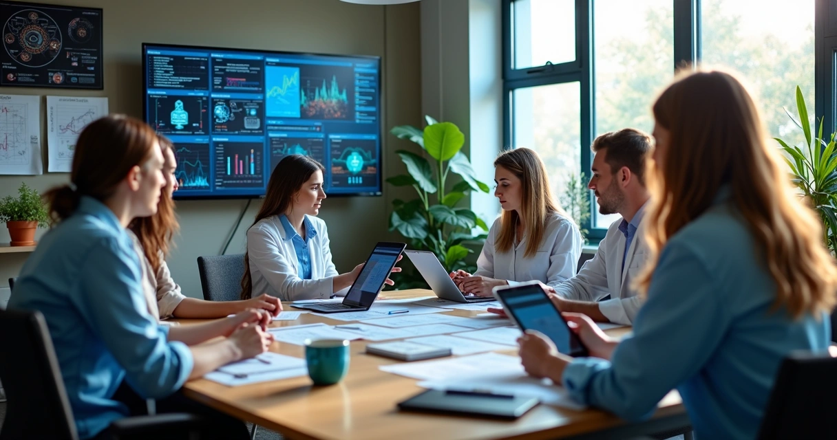 Equipe diversificada trabalhando em profissões do futuro com IA