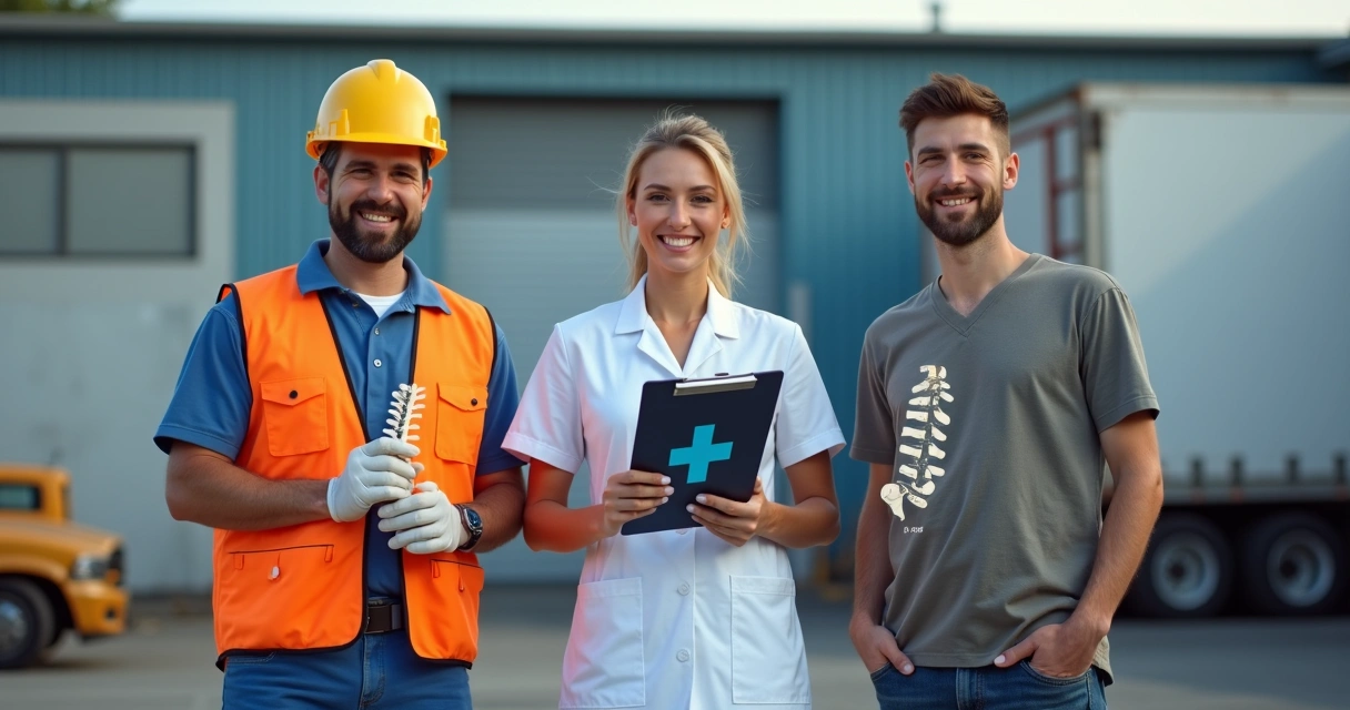 Profissionais da construção civil, saúde e motorista de caminhão juntos, lado a lado 