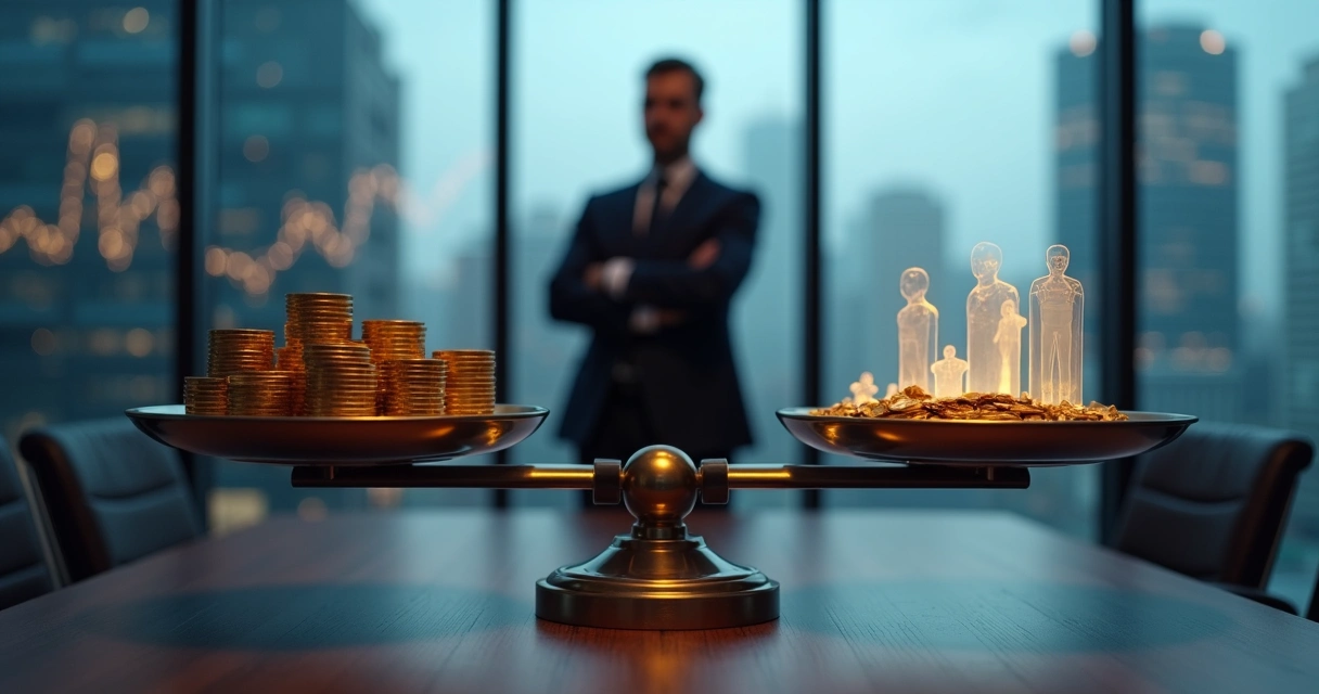 Business leader weighing money against human silhouettes on a scale 