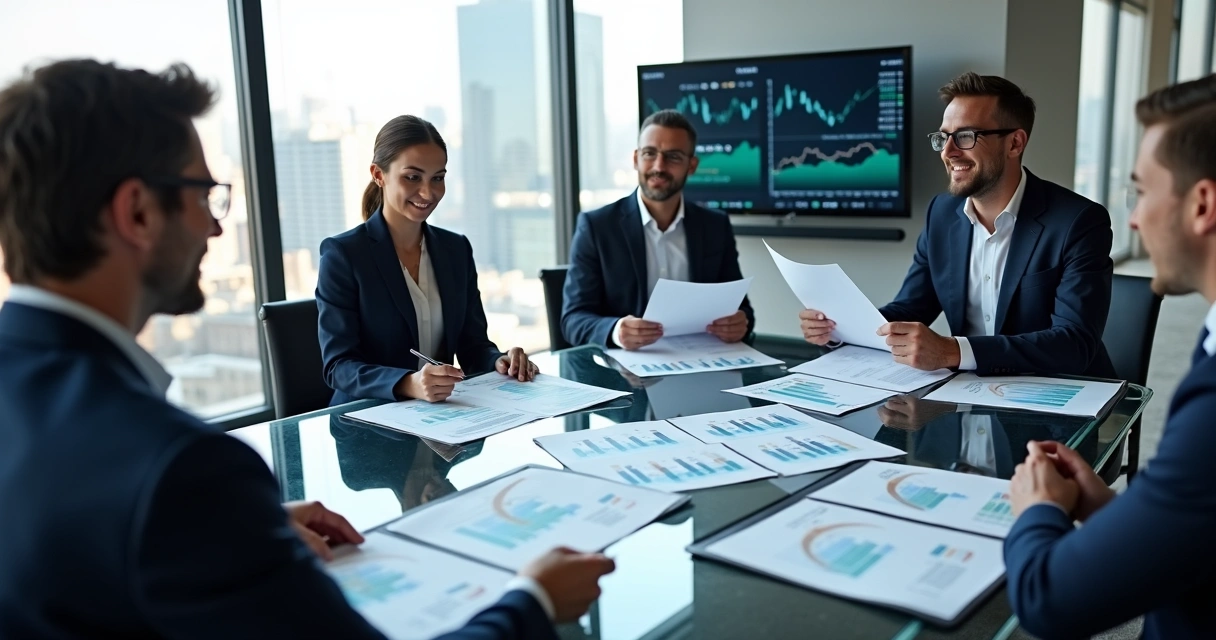 Executives sitting around a large conference table, reviewing charts with profits increasing, some looking pleased, others concerned 