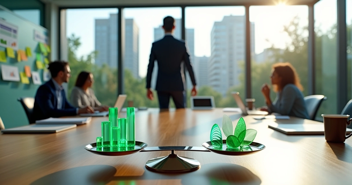 Business leader balancing profit growth and social impact icons on a scale 