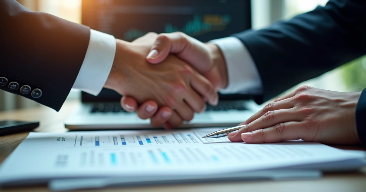 Two hands shaking over a contract with financial charts 