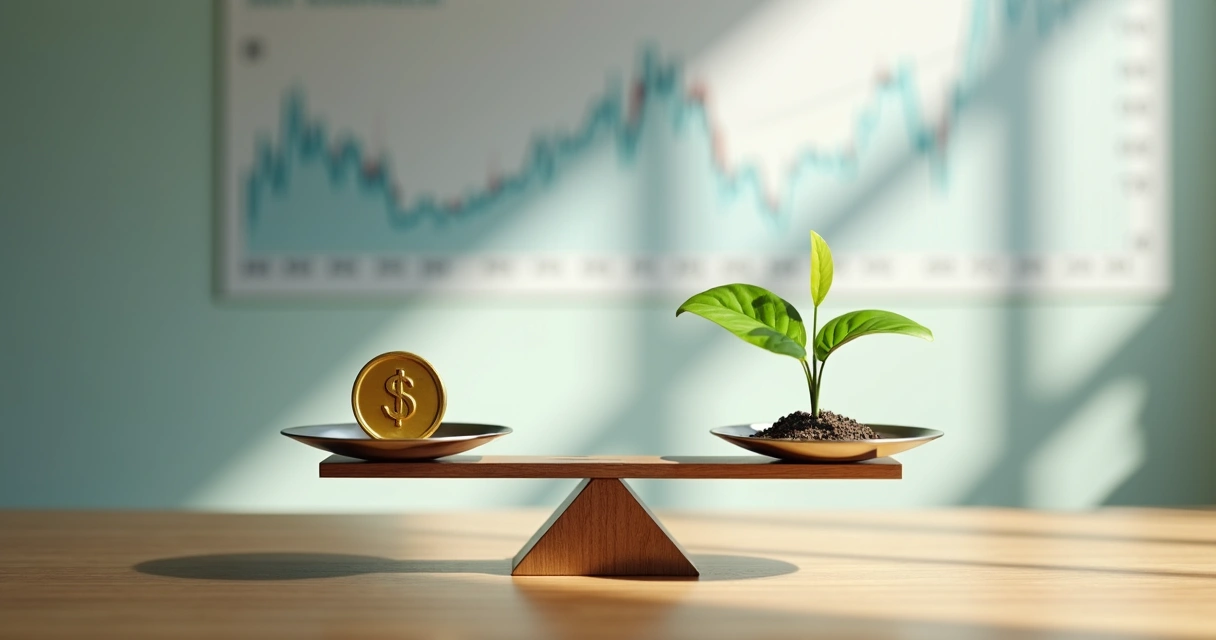Balanced scales with profit and sustainability symbols 