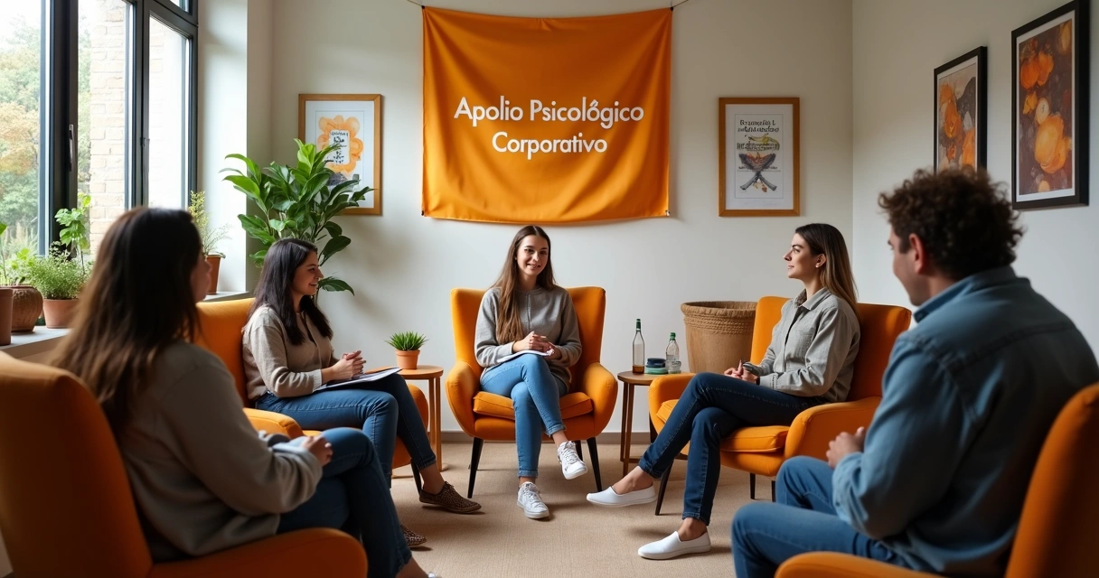 Espaço interno confortável com cadeiras e banner de apoio psicológico corporativo 