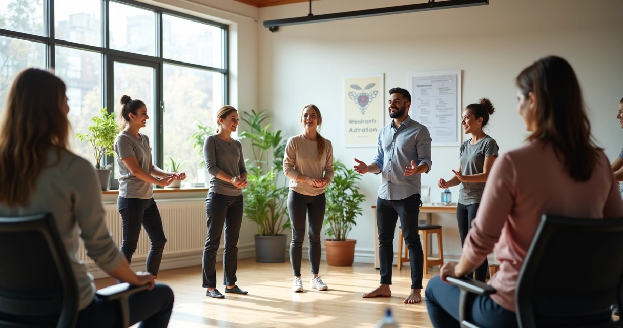 Equipe de funcionários em ambiente corporativo moderno participando de atividade de bem-estar coletivo com luz natural 